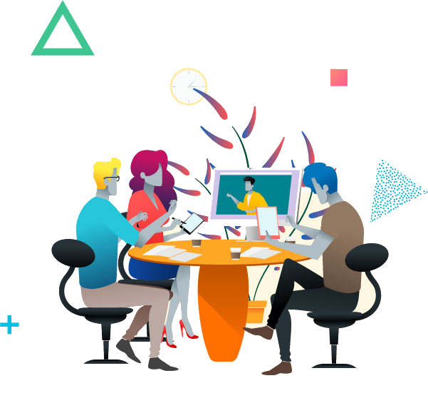 a group of people discussing marketing solutions on a work desk