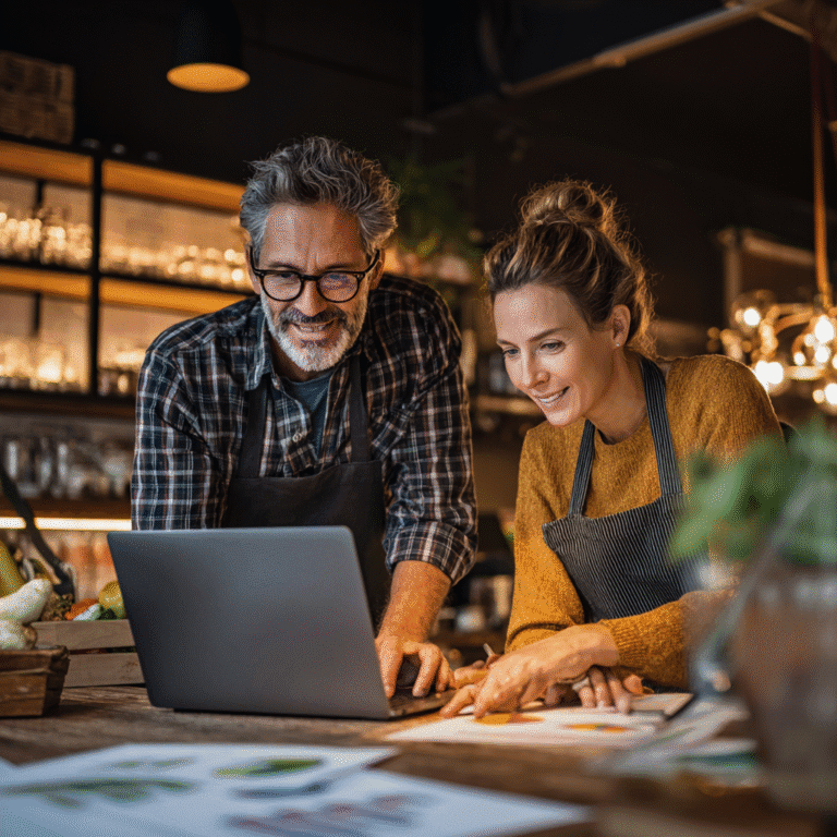 Restaurant owners looking at marketing results