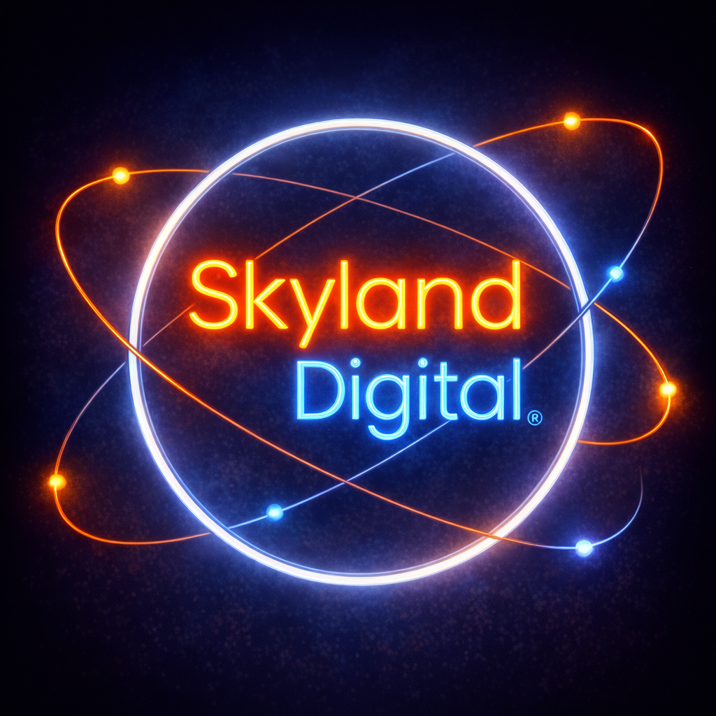 Skyland Digital logo as a glowing neon atom with orbiting electrons