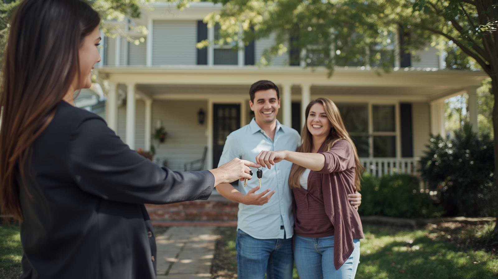 Real estate agent handing house keys to a couple outside their new home