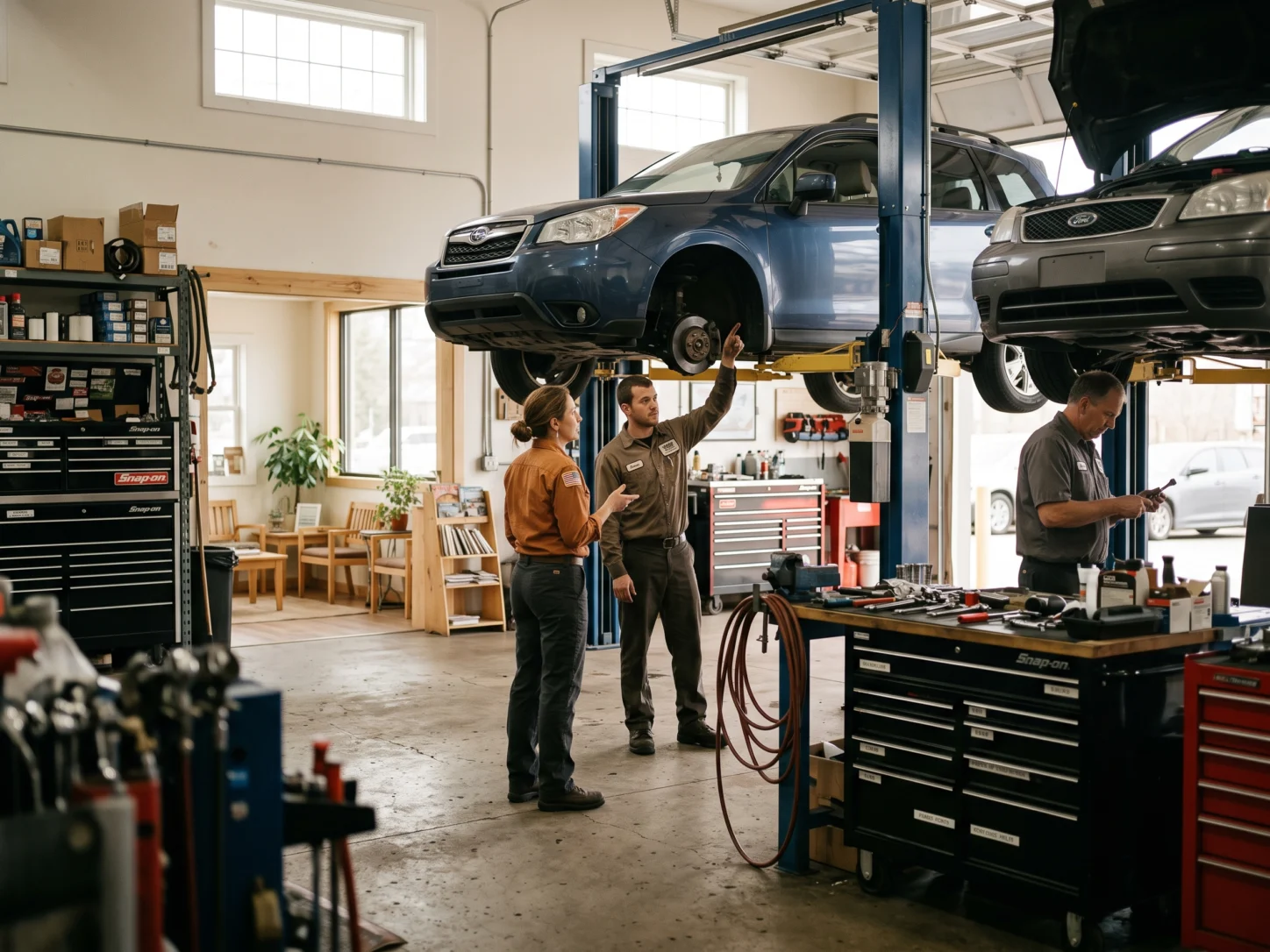 Independent auto repair shop owner talking with her technician while a second technician works in the next bay of an established, organized shop