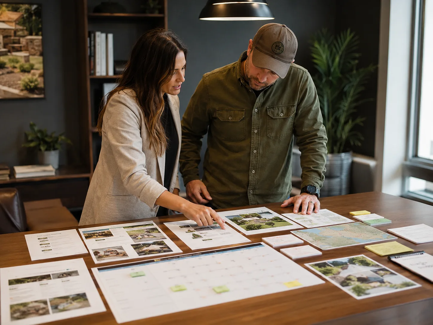Marketing strategist and landscaping business owner reviewing website pages, local maps, and a content calendar together on one planning table