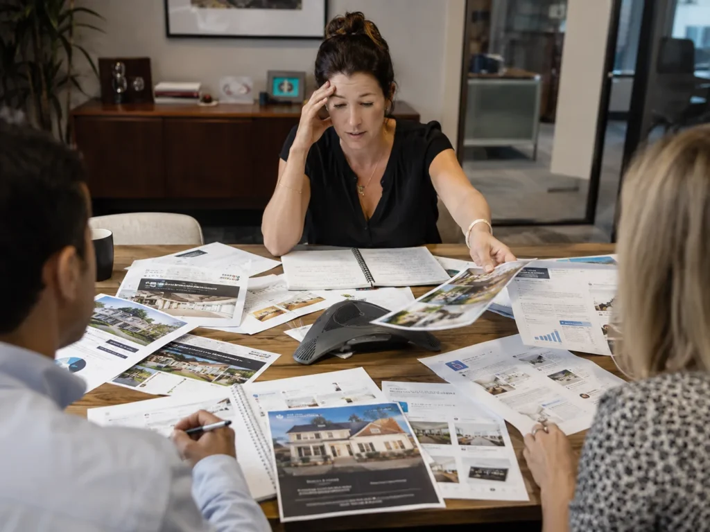 Real estate office manager surrounded by separate printouts from website, advertising, social, and SEO vendors during a team meeting
