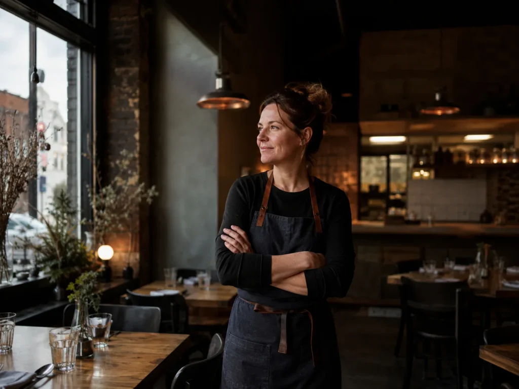 Restaurant owner standing in her dining room before opening, taking in the space with confidence