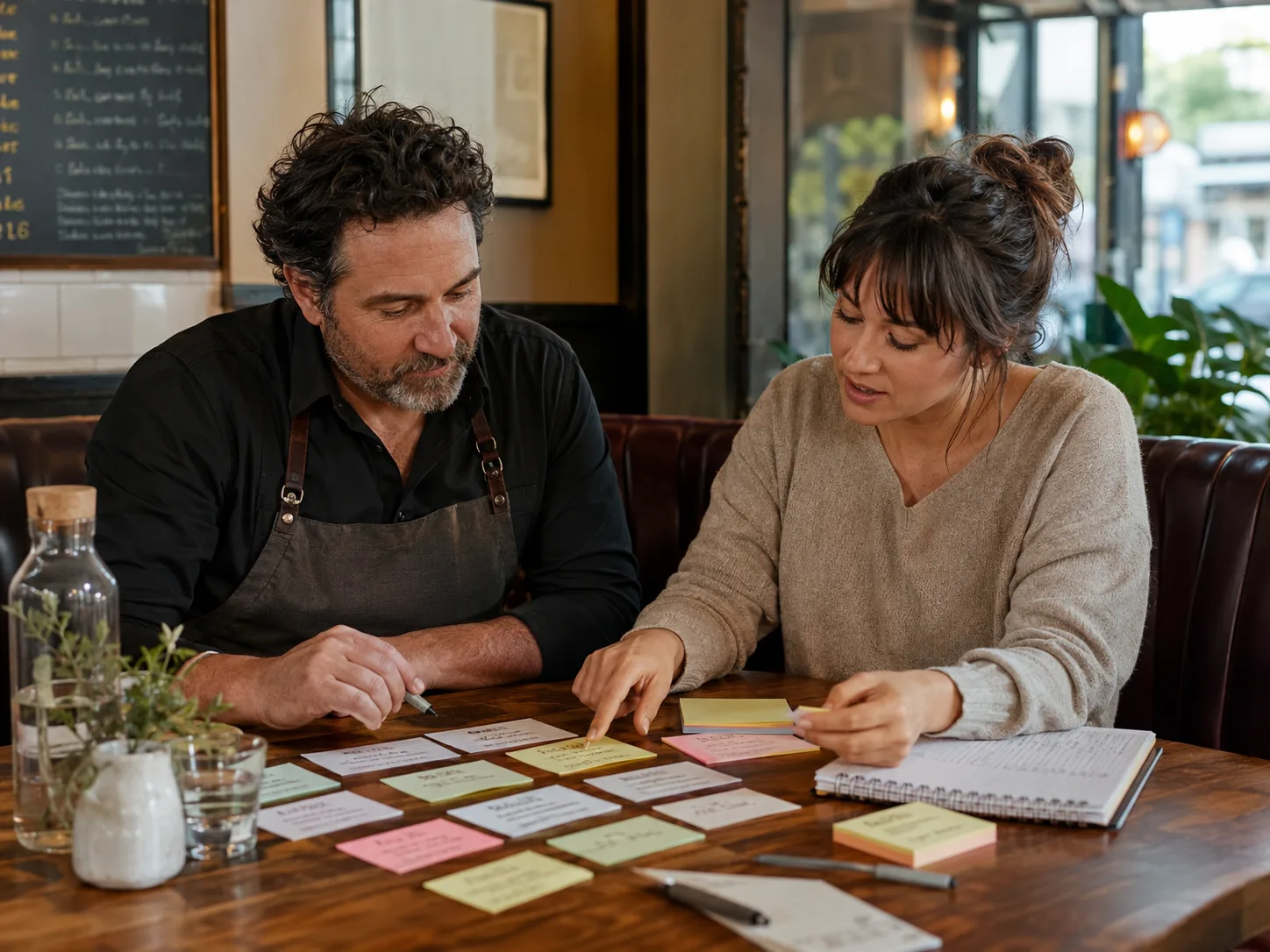 Restaurant owner and a marketing professional sorting real customer questions onto note cards at a cafe table