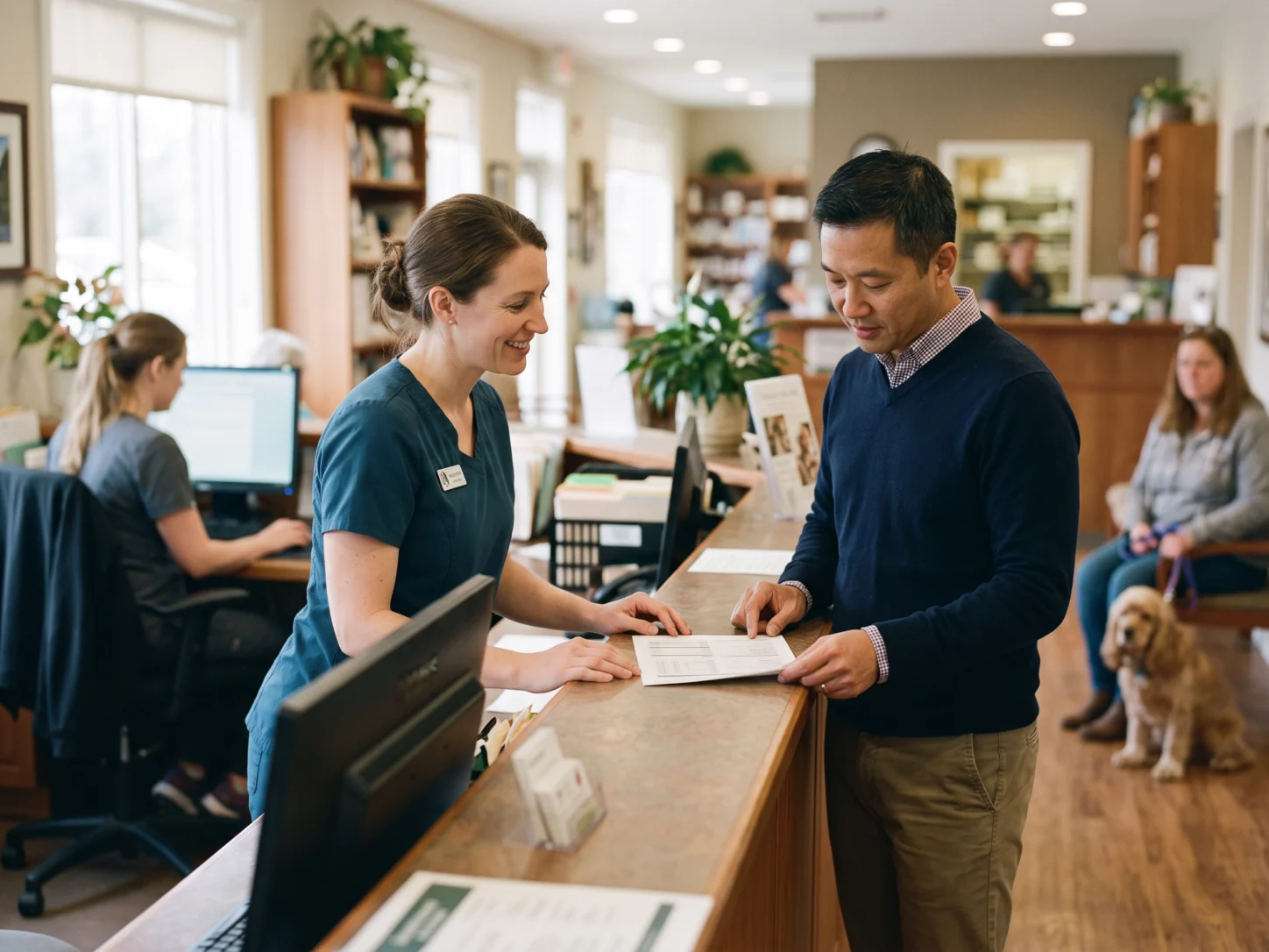 Veterinary clinic owner and a trusted outside professional reviewing a single page plan together at the clinic front counter