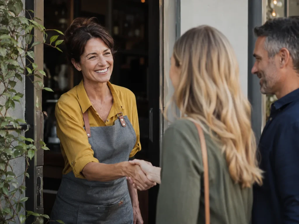 Cafe owner warmly greeting two customers at her shop door