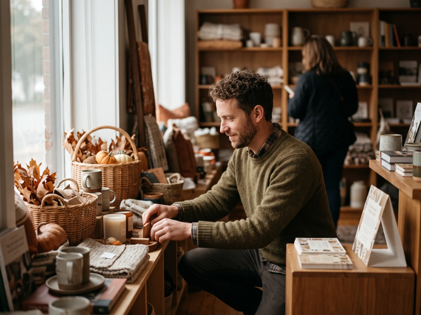 Shop owner arranging a seasonal display beside printed promotional cards prepared for a campaign