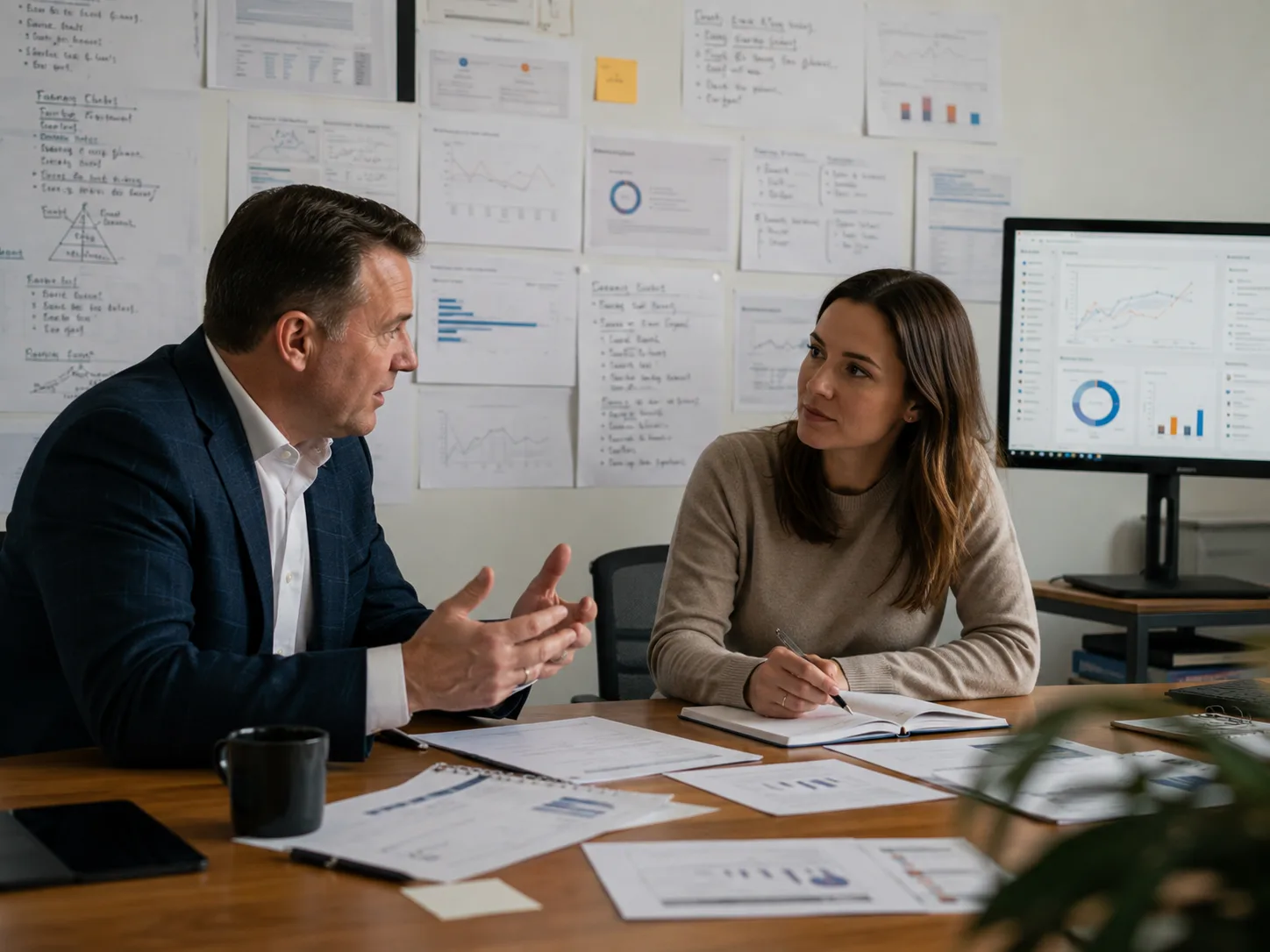 Marketing strategist and business owner working through printed search trends and performance snapshots together