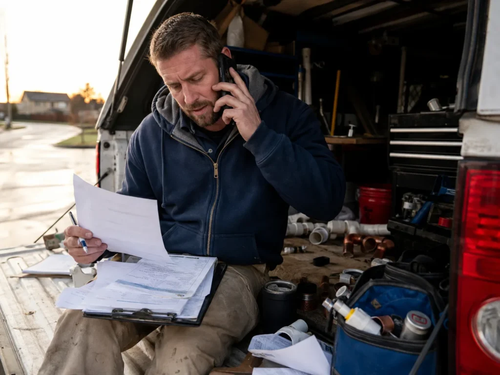 Plumbing contractor on his work van tailgate at sunrise, on the phone while sorting job paperwork