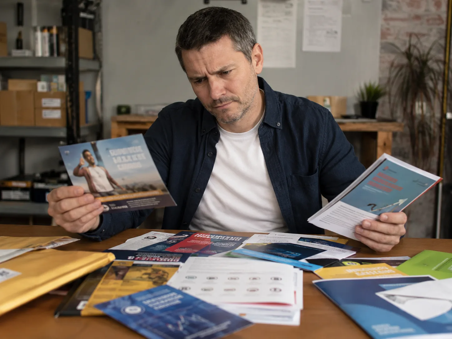 Business owner at his workshop table sorting through a pile of marketing offers and promotions