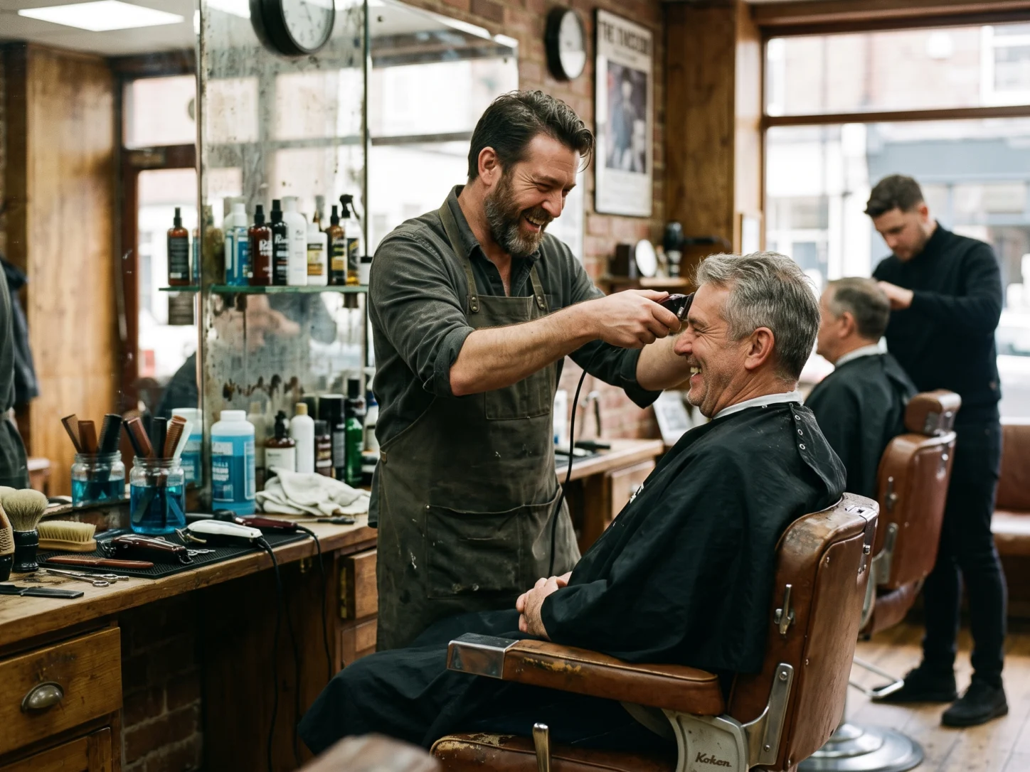 Barbershop owner mid haircut, laughing with a regular customer while a second barber works behind him