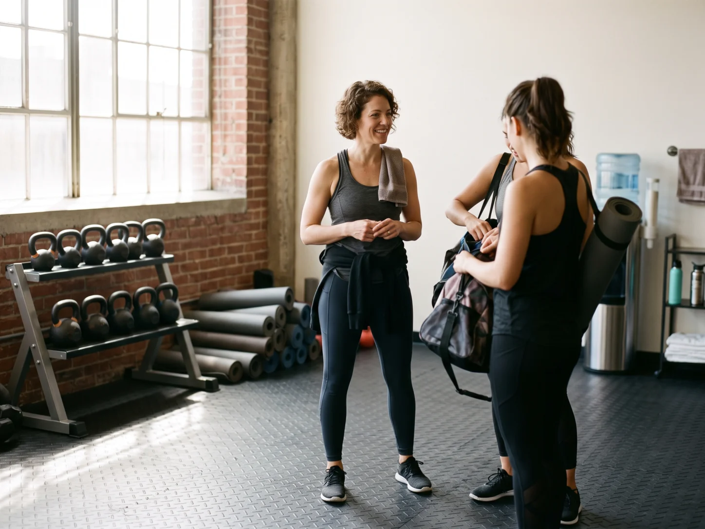 Fitness studio owner talking with two members as they gather their things after a morning class