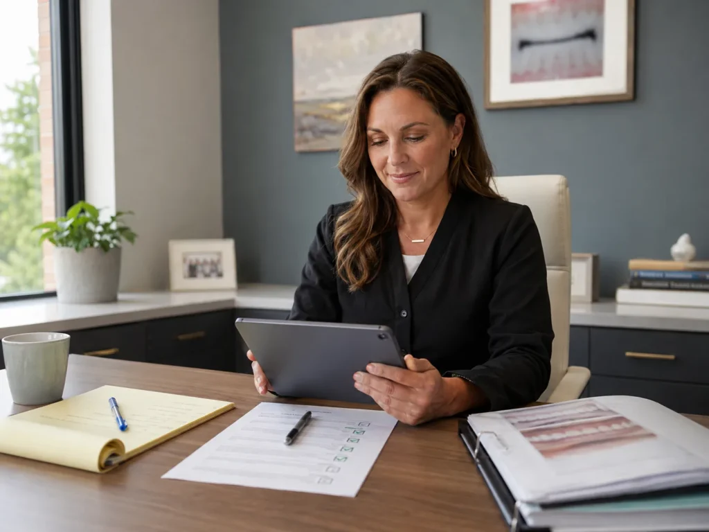Dental practice owner calmly reviewing work approvals on a tablet in her office