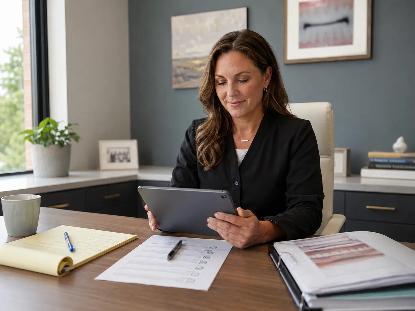 Dental practice owner reviewing and approving marketing work on a tablet in her office