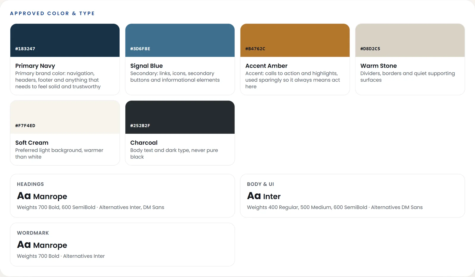 Workspace Brand Kit approved color and type panel: six named color cards with hex codes and usage notes, plus heading, body and wordmark typefaces