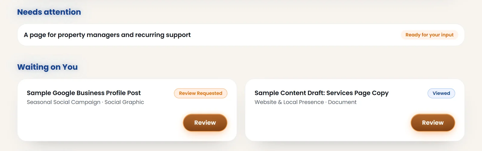 Workspace dashboard showing a Needs attention item and two Waiting on You cards with Review buttons