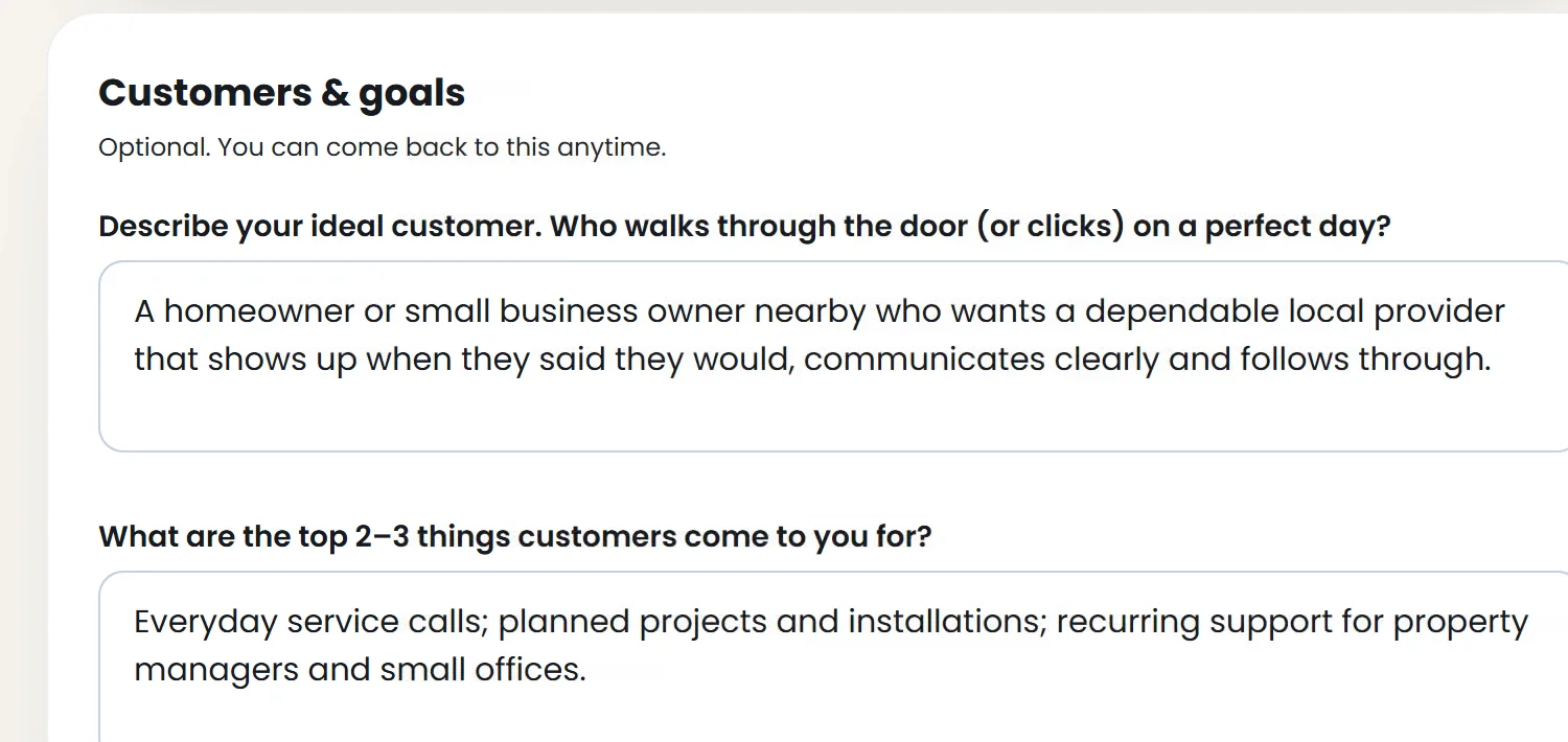 Workspace onboarding screen, Customers and goals step, with a sample answer describing the ideal customer and the top reasons customers call