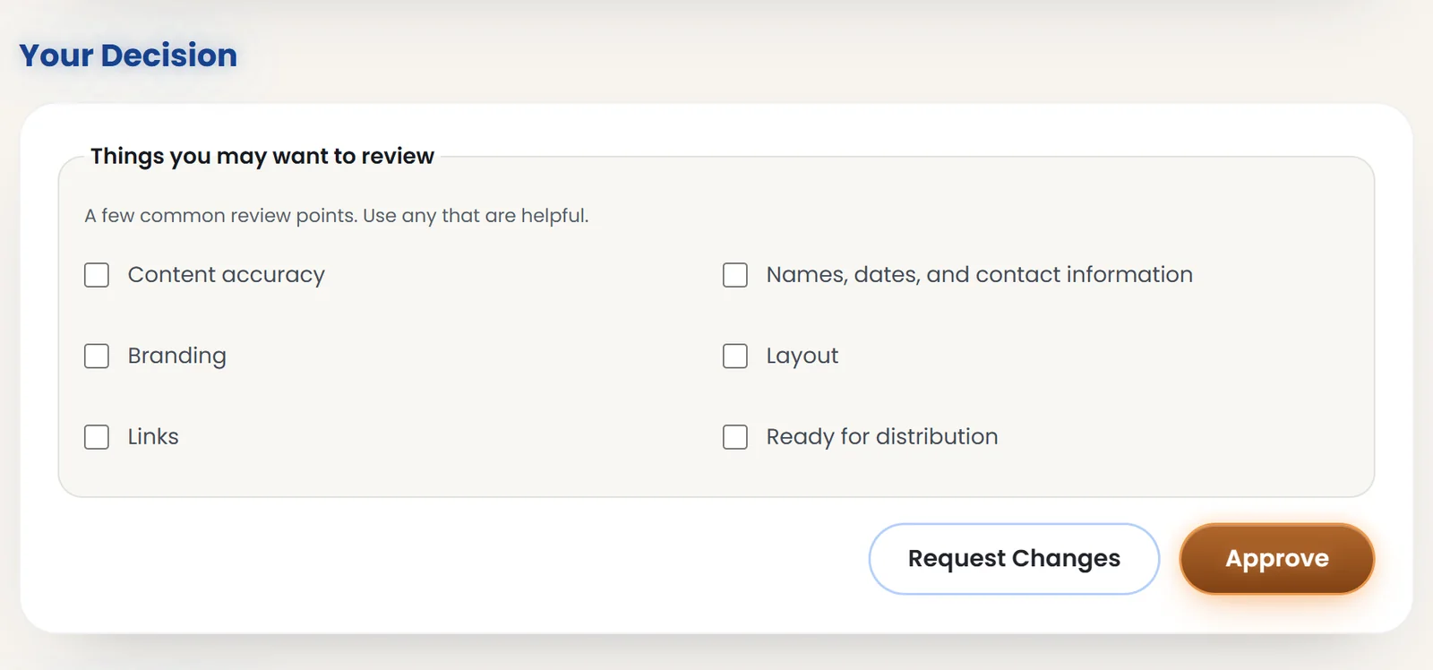 Workspace Your Decision panel with an optional review checklist and Request Changes and Approve buttons