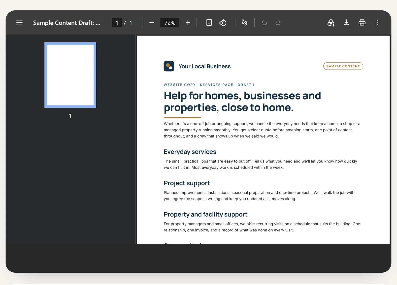 Workspace review screen showing a prepared services page draft open in the document viewer